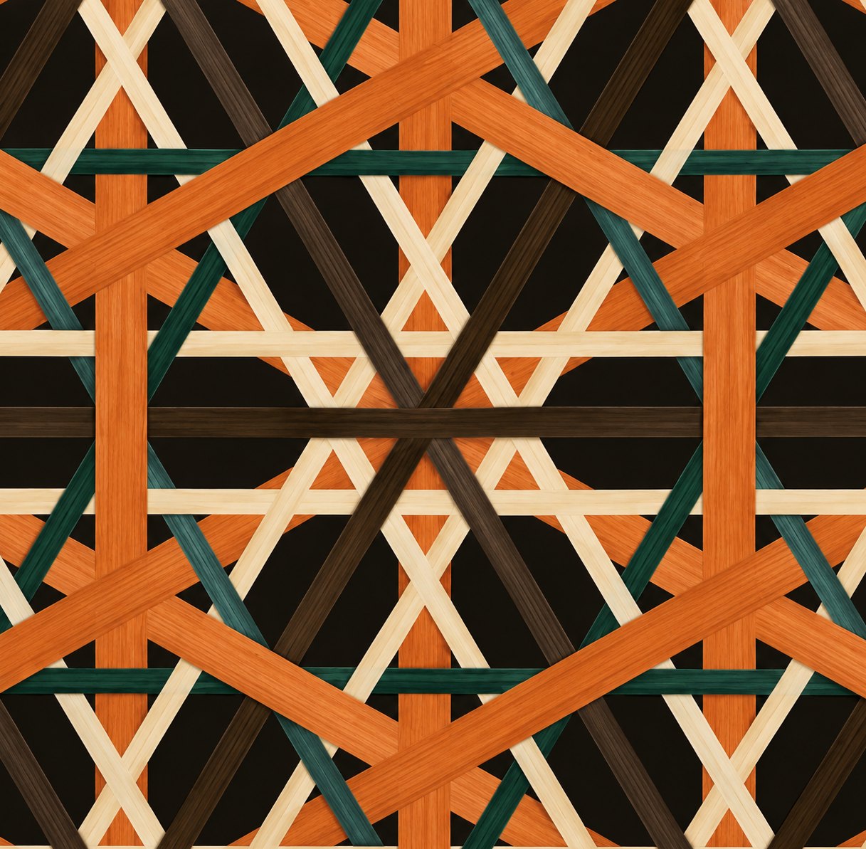 An orange lattice motif on dark ground.